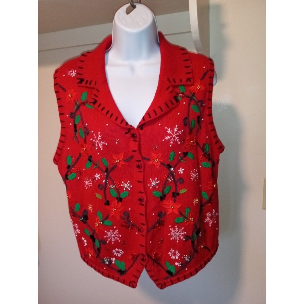 Holiday Red Knit Embroidered Poinsettia Snowflake Beaded Christmas Vest‎ Womens